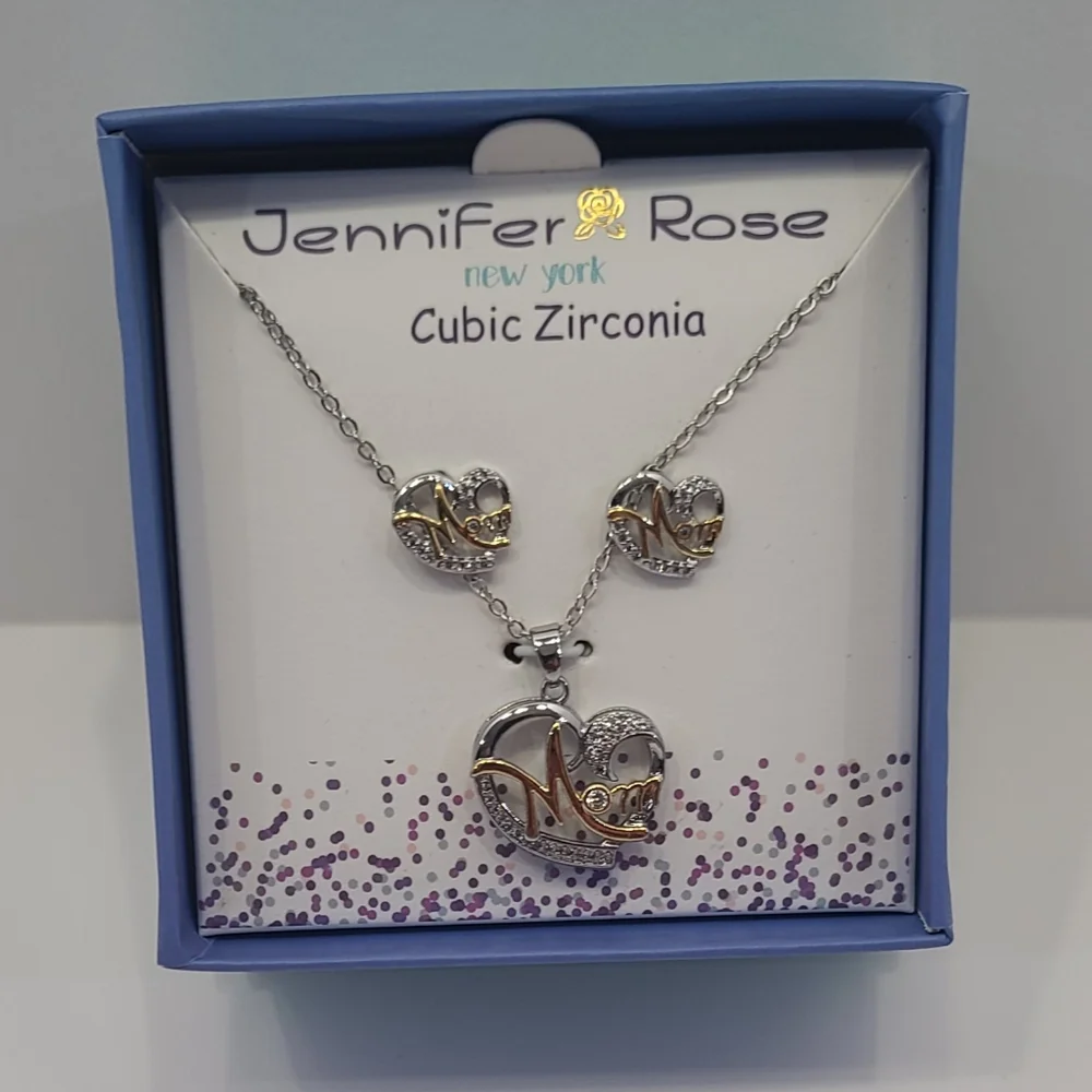 CZ Silver/Gold Plated Mom Heart Pendant Necklace With Matching Earrings Gift Set - Picture 2 of 7